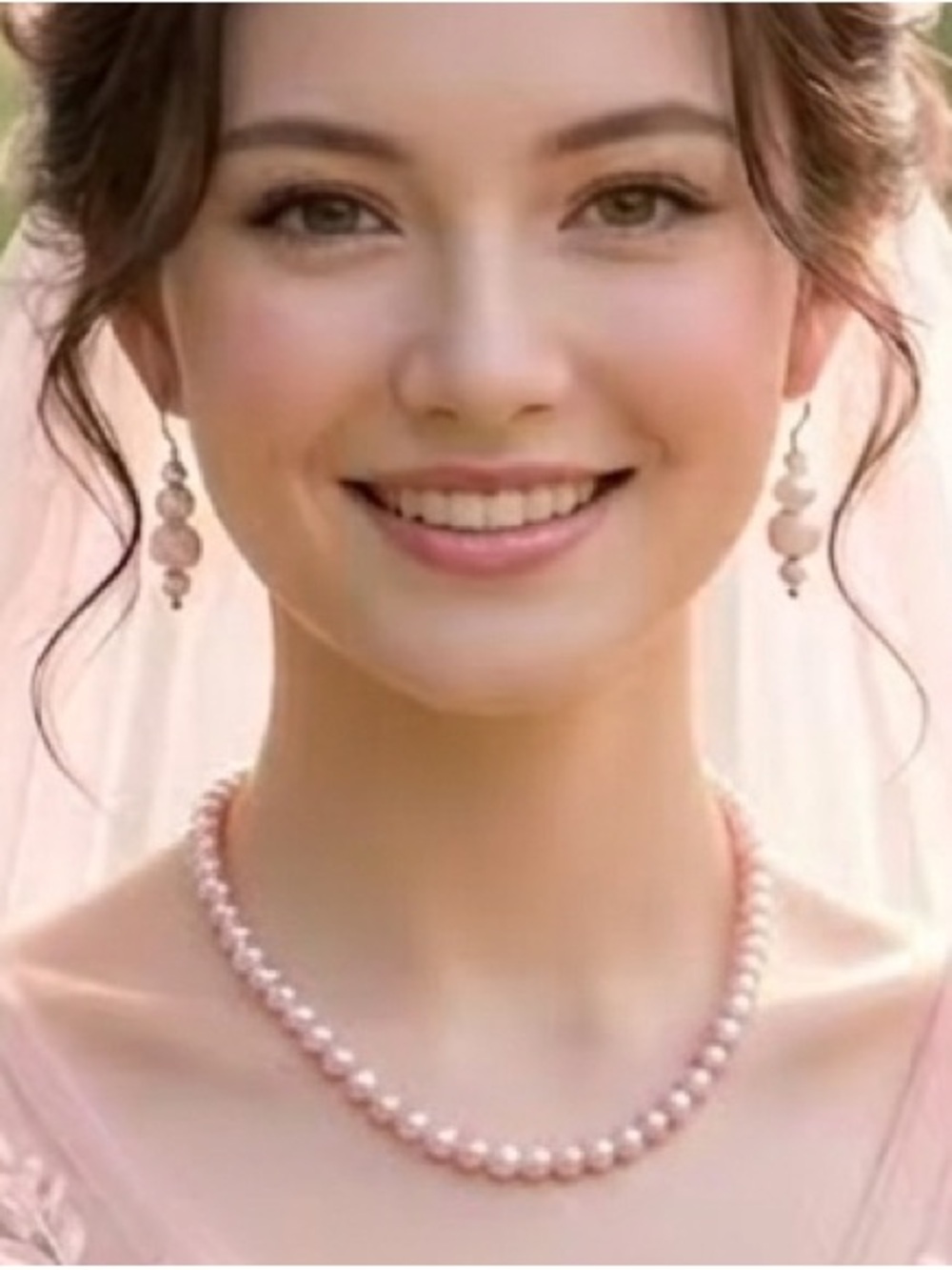 Anthropologie Pink Pearl & Rose Quartz Bridal Necklace & Earrings Jewelry Set